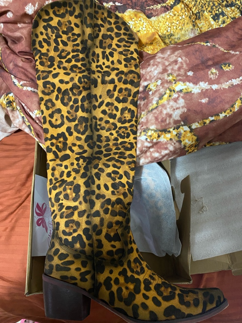 Leopard Print Knee High Almond Toe Embroidery OTK Western Boots NIB Size 8.5 - Picture 2 of 16